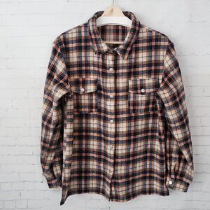 Olive & Leaf Plaid Flannel Shirt Shacket Size Womens S Gray Orange Snap Front